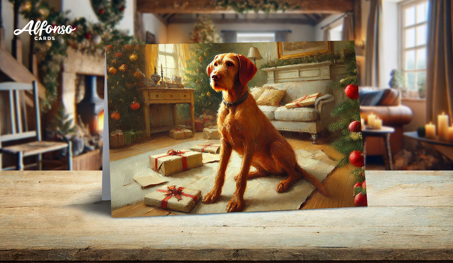 Wire Haired Vizsla Christmas Card - Waiting For Presents