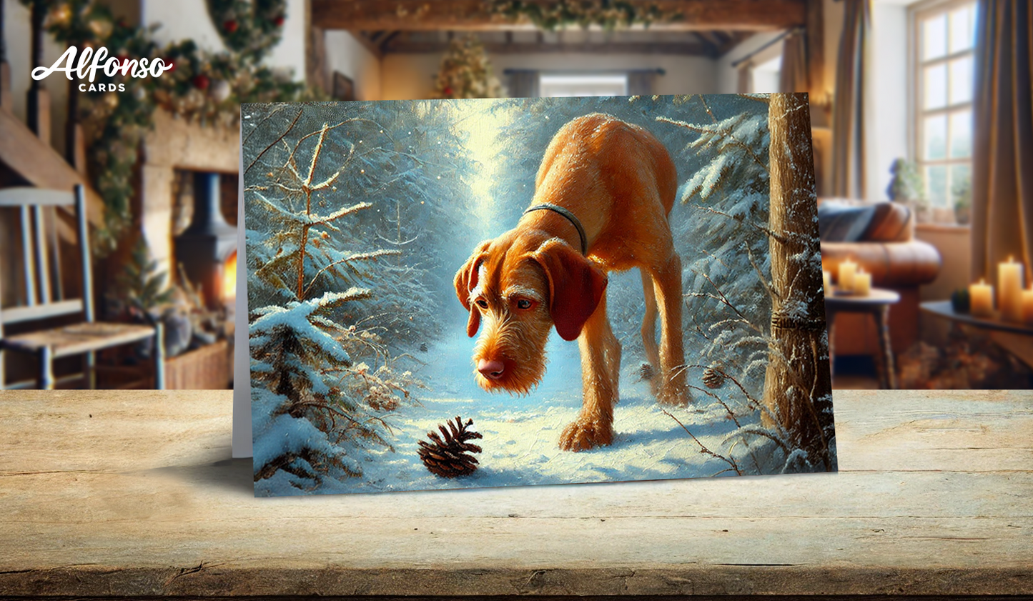 Wire Haired Vizsla Christmas Card - Pine Cone Forest