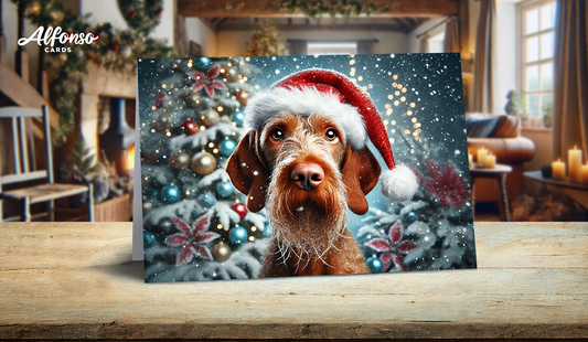 Wire Hair Vizsla In A Santa Hat Christmas Card