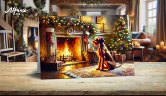 Wire Hair Vizsla By The Fireplace Christmas Card