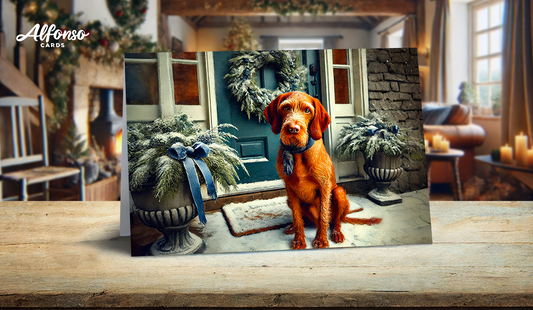 Wire Hair Vizsla On A Snowy Doorstep Christmas Card