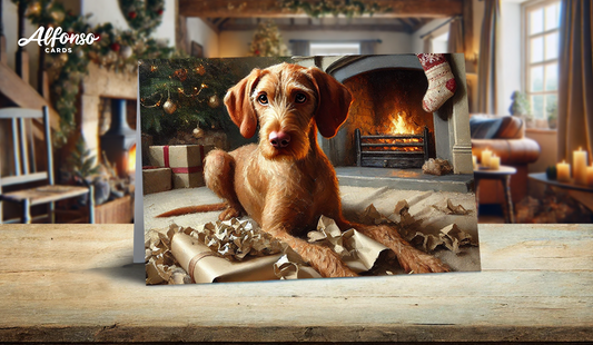 Wire Haired Vizsla Christmas Card - Naughty Wrapping